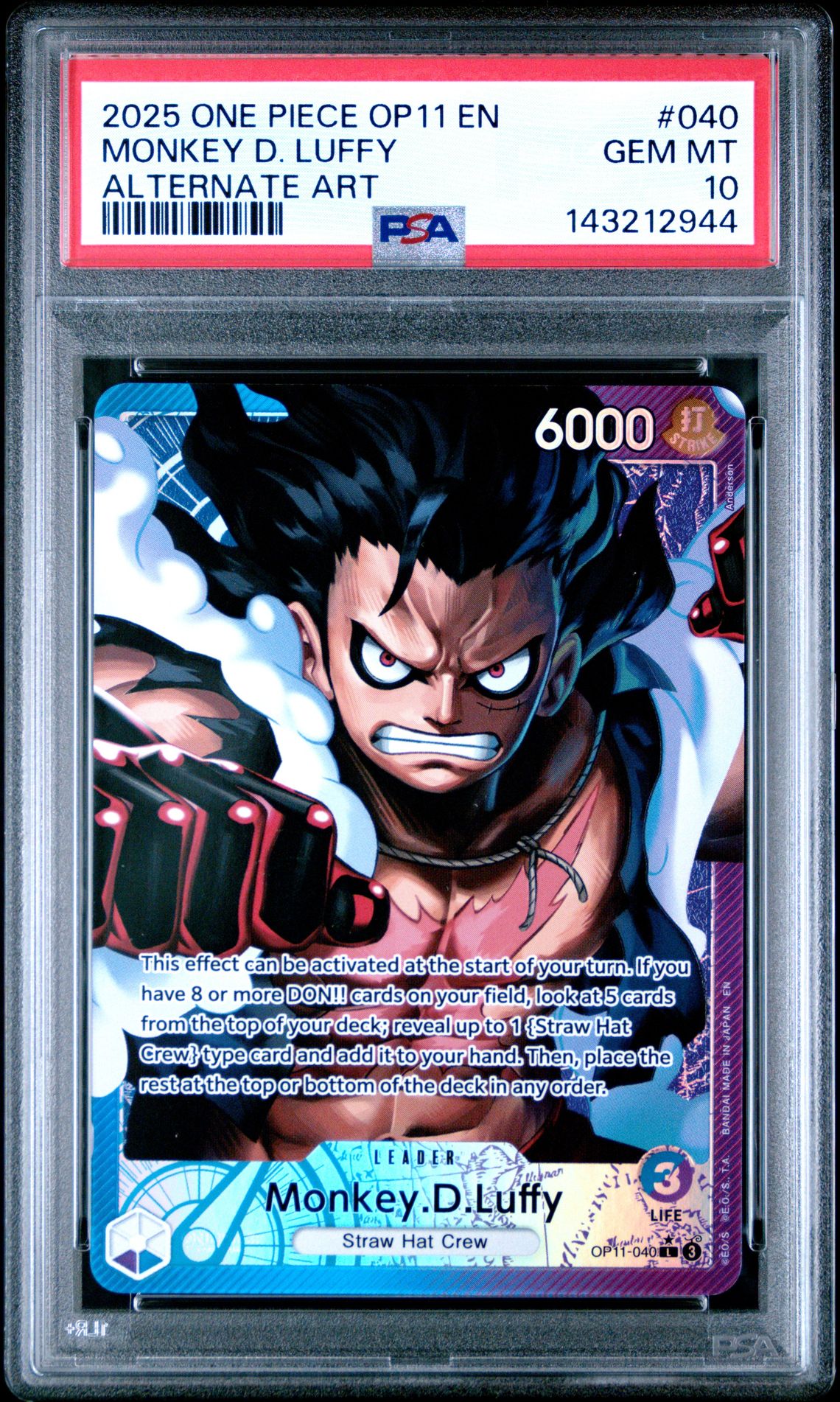 2025 One Piece Op11-A Fist Of Divine Speed Monkey D. Luffy #040 (Alternate Art) Gem Mt 10 front