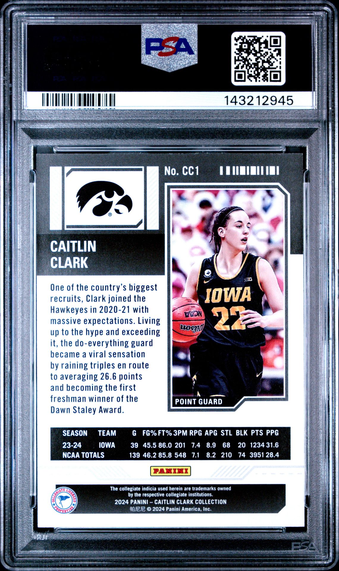 2024 Panini Caitlin Clark Collection College Contenders Caitlin Clark #Cc1 (College Contenders-Vortex) Mint 9 back