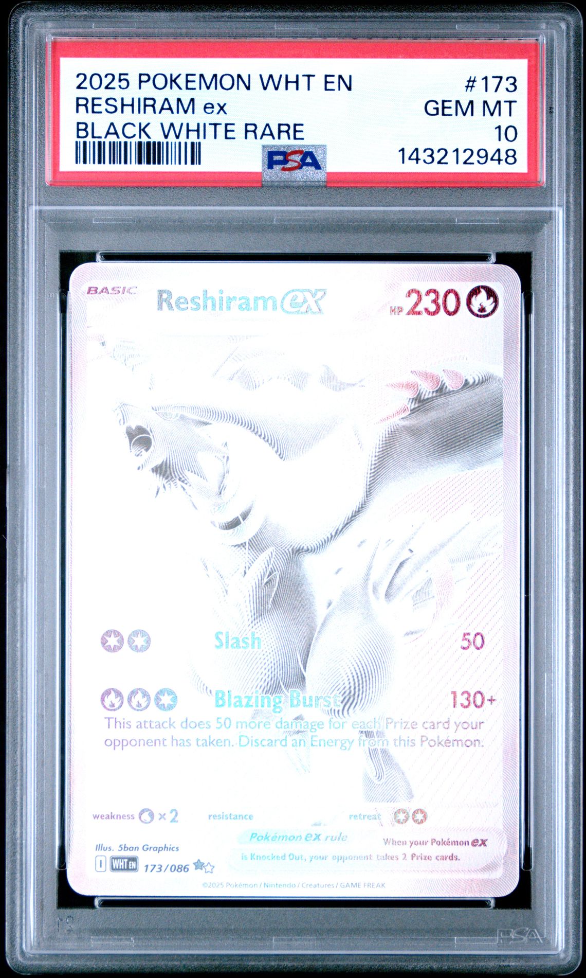 2025 Pokemon Wht En-White Flare Reshiram Ex #173 (Black White Rare) Gem Mt 10 front