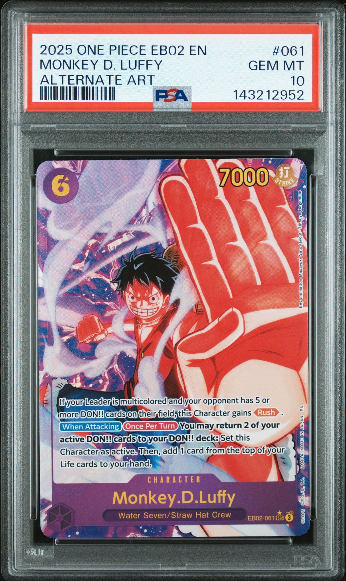 2025 One Piece Eb02-Extra Booster -Anime 25Th Collection- Monkey D. Luffy #061 (Alternate Art) Gem Mt 10 front