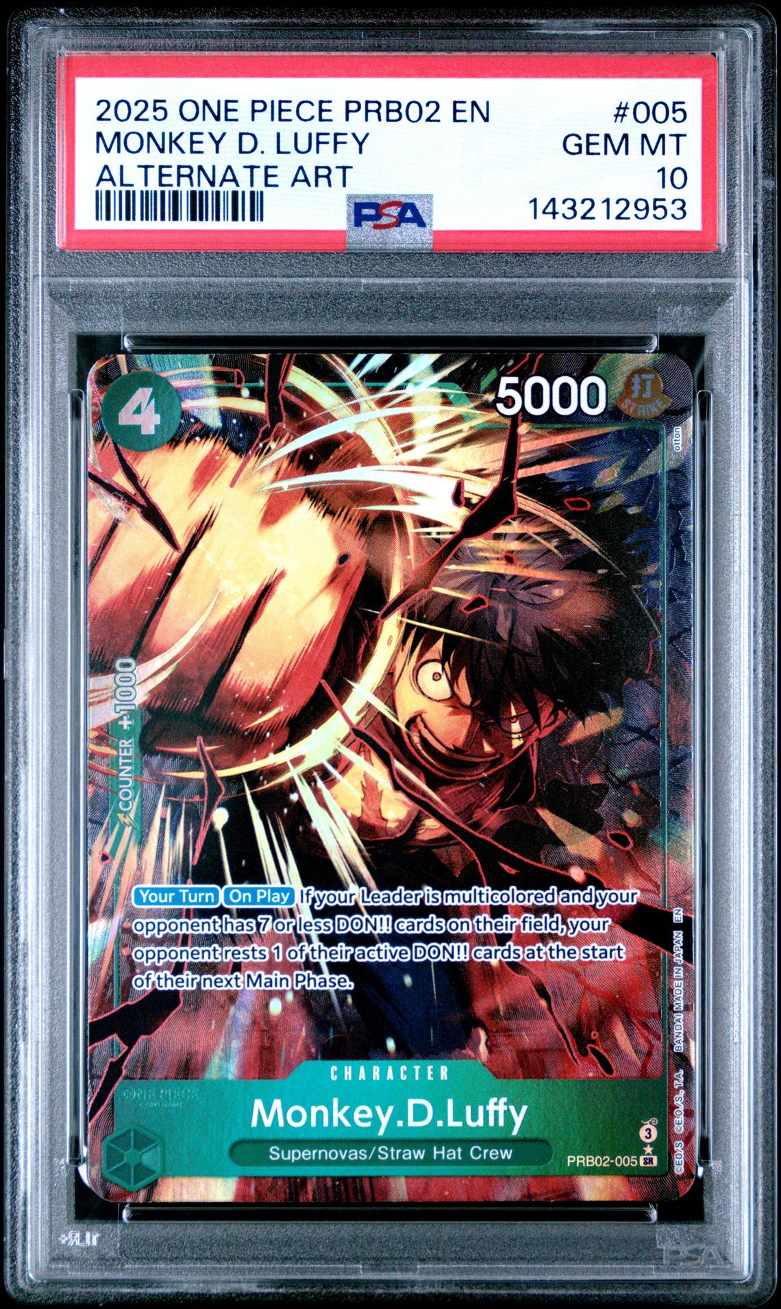 2025 One Piece Prb02-Premium Booster -One Piece Card The Best- Vol.2 Monkey D. Luffy #005 (Alternate Art) Gem Mt 10 front