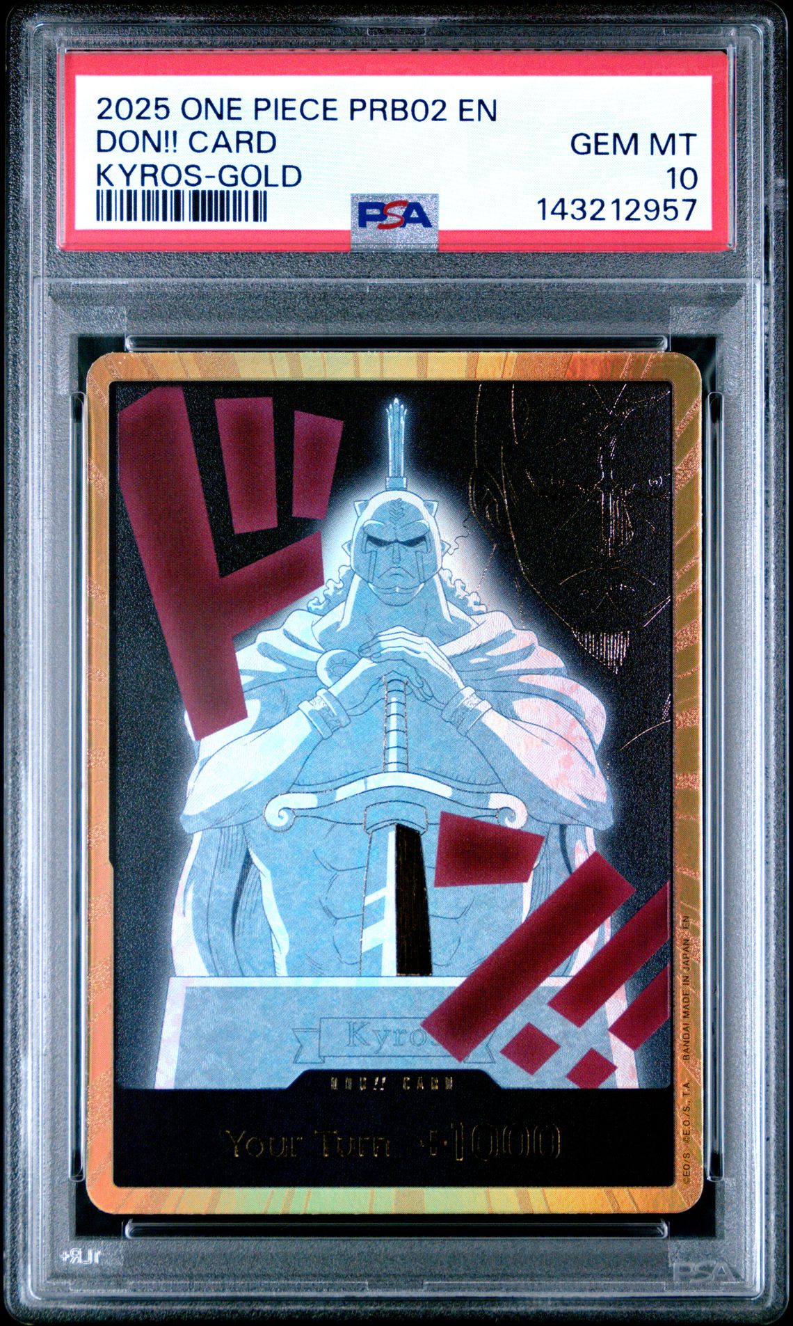 2025 One Piece Prb02-Premium Booster -One Piece Card The Best- Vol.2 Don!! Card (Kyros-Gold) Gem Mt 10 front