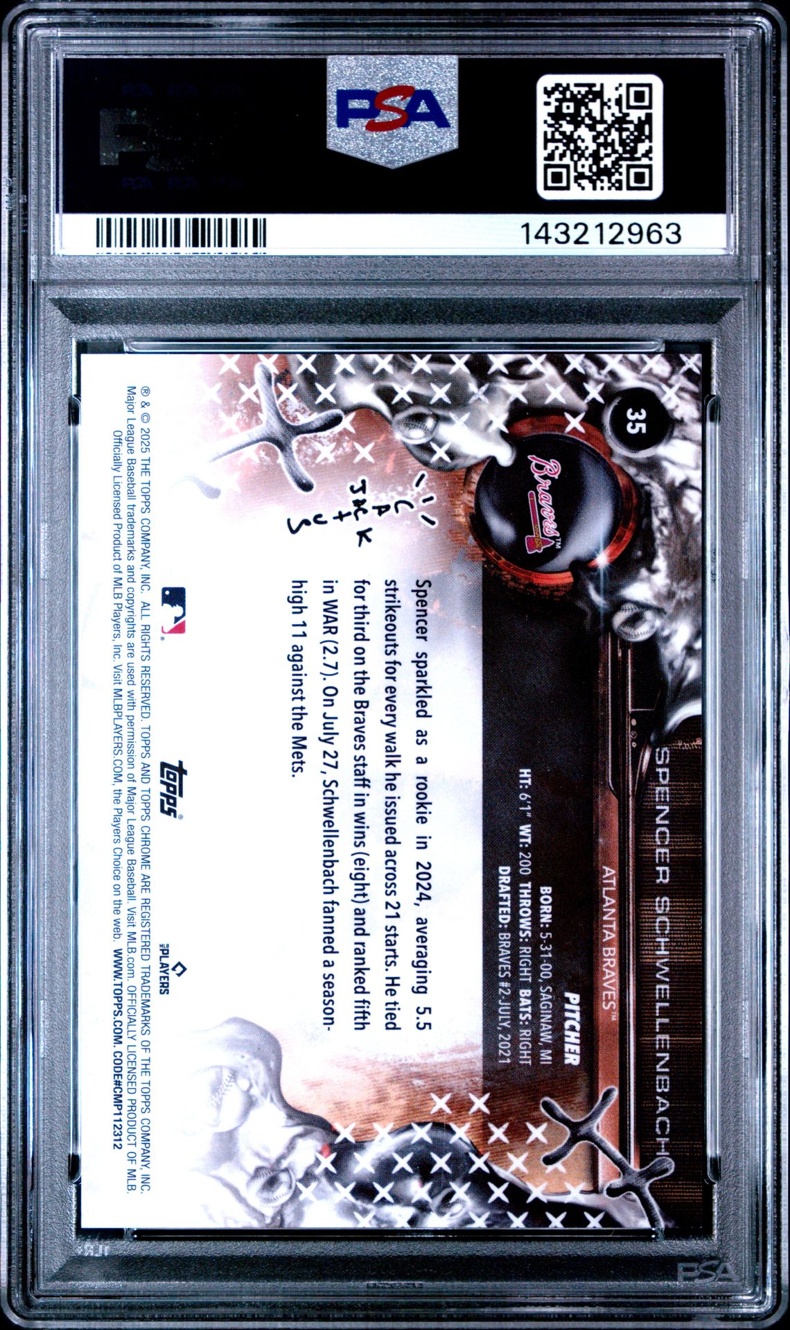 2025 Topps Chrome X Cactus Jack Spencer Schwellenbach #35 (Gold Refractor) Gem Mt 10 back view - PSA certificate #143212963