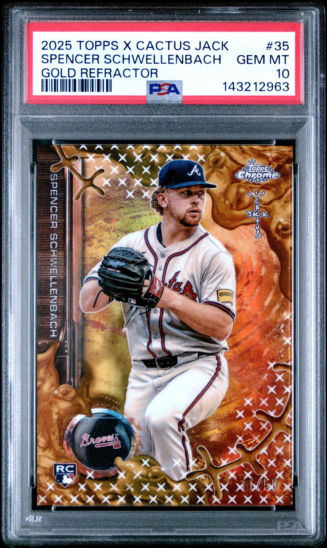 2025 Topps Chrome X Cactus Jack Spencer Schwellenbach #35 (Gold Refractor) Gem Mt 10 front view - PSA graded GEM MT 10
