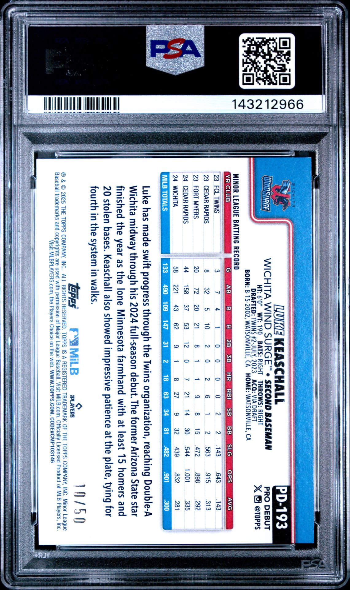 2025 Topps Pro Debut Luke Keaschall #193 (Gold Foil) Mint 9 back