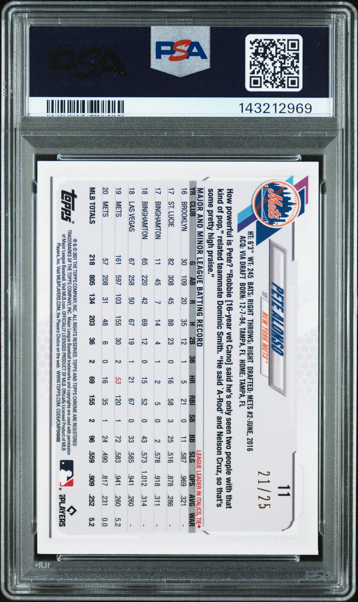 2021 Topps Chrome Ben Baller Pete Alonso #11 (Orange Refractor) Mint 9 back