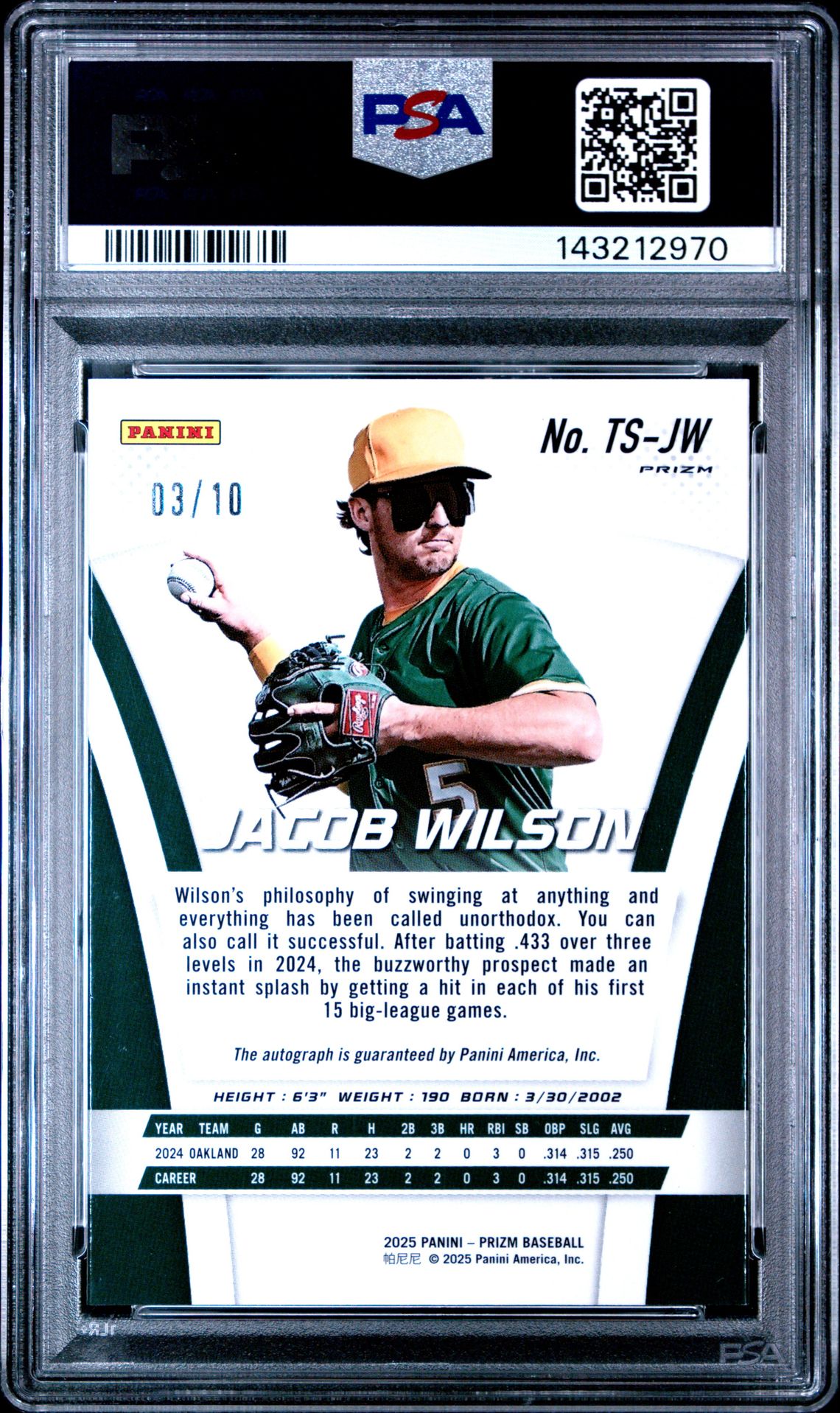 2025 Panini Prizm Throwback Signatures Jacob Wilson #Ts-Jw (Throwback Sig-Gold Prizm) Gem Mt 10 back