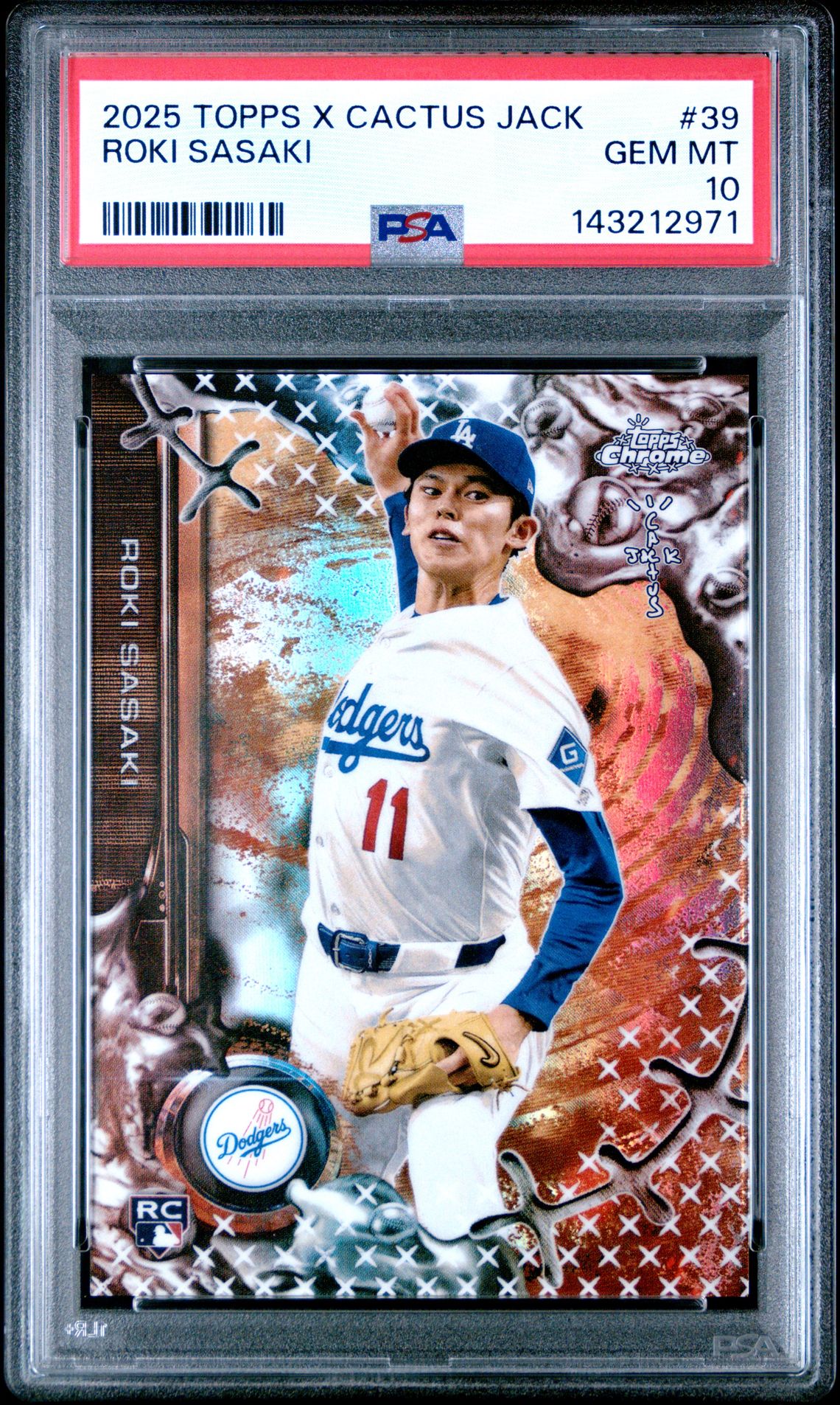 2025 Topps Chrome X Cactus Jack Roki Sasaki #39 Gem Mt 10 front view - PSA graded GEM MT 10