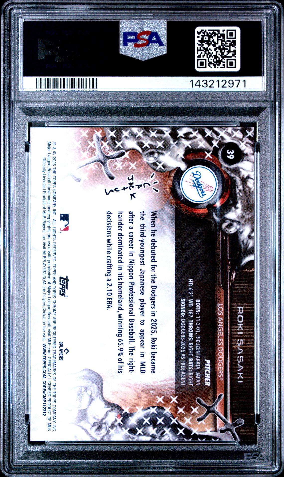 2025 Topps Chrome X Cactus Jack Roki Sasaki #39 Gem Mt 10 back view - PSA certificate #143212971