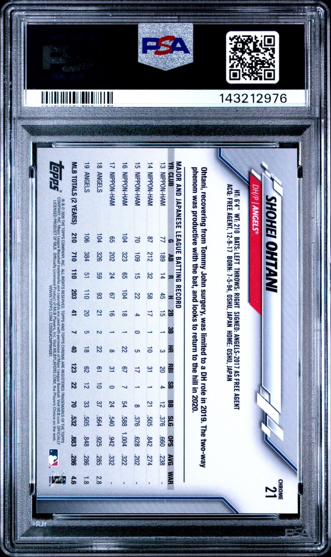 2020 Ben Baller Chrome Shohei Ohtani #21 Gem Mt 10 back