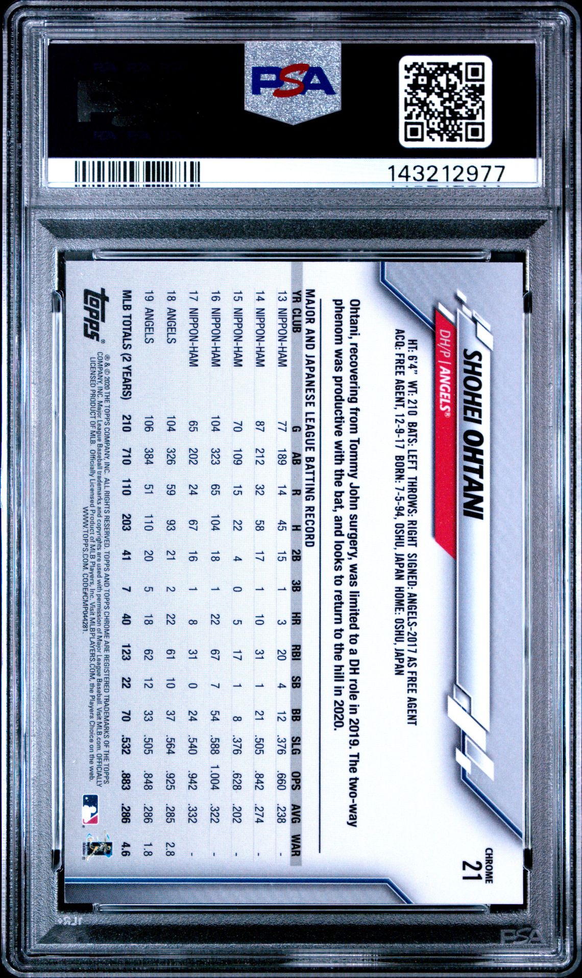 2020 Ben Baller Chrome Shohei Ohtani #21 Gem Mt 10 back