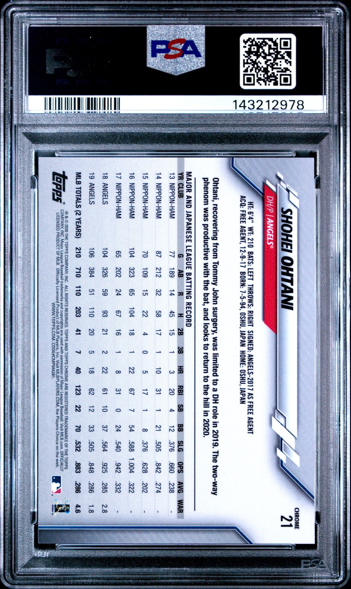 2020 Ben Baller Chrome Shohei Ohtani #21 Gem Mt 10 back