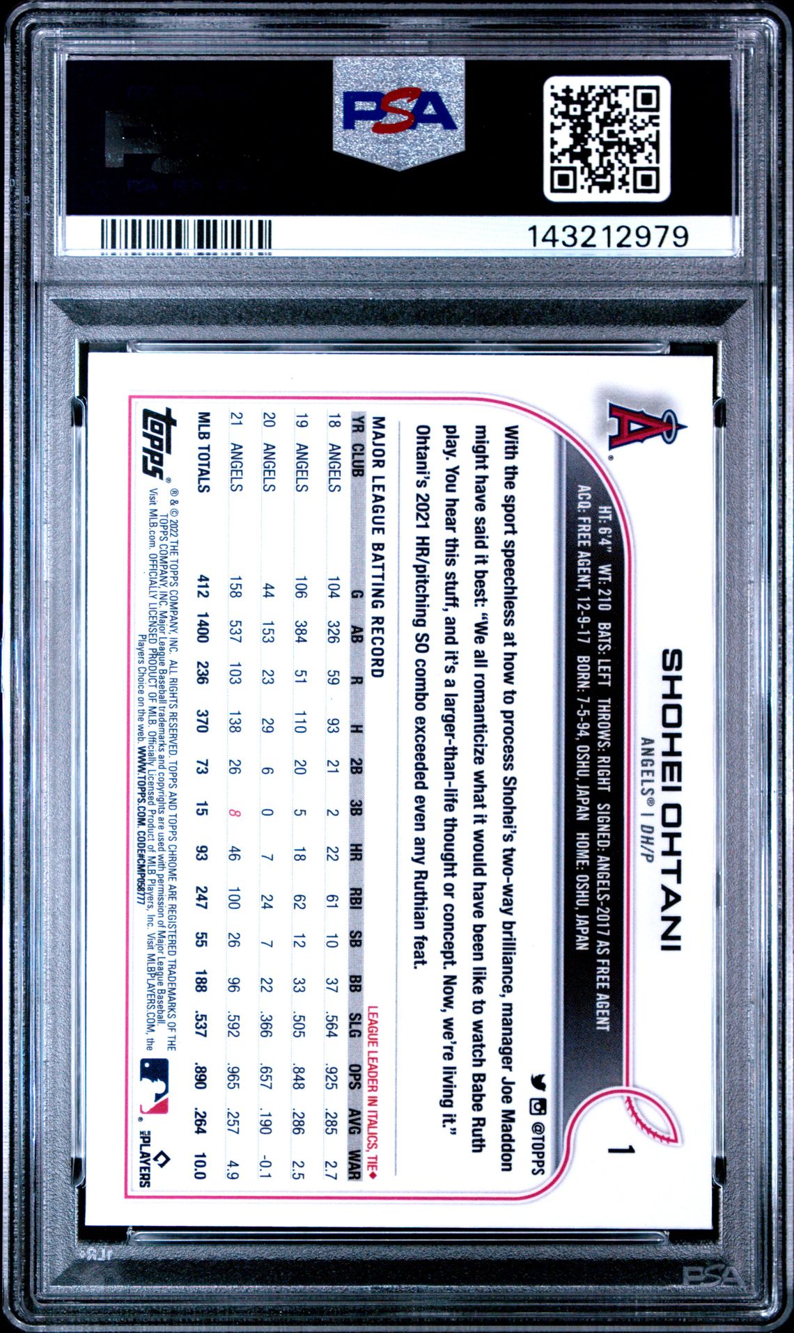 2022 Topps Chrome Ben Baller Shohei Ohtani #1 Gem Mt 10 back