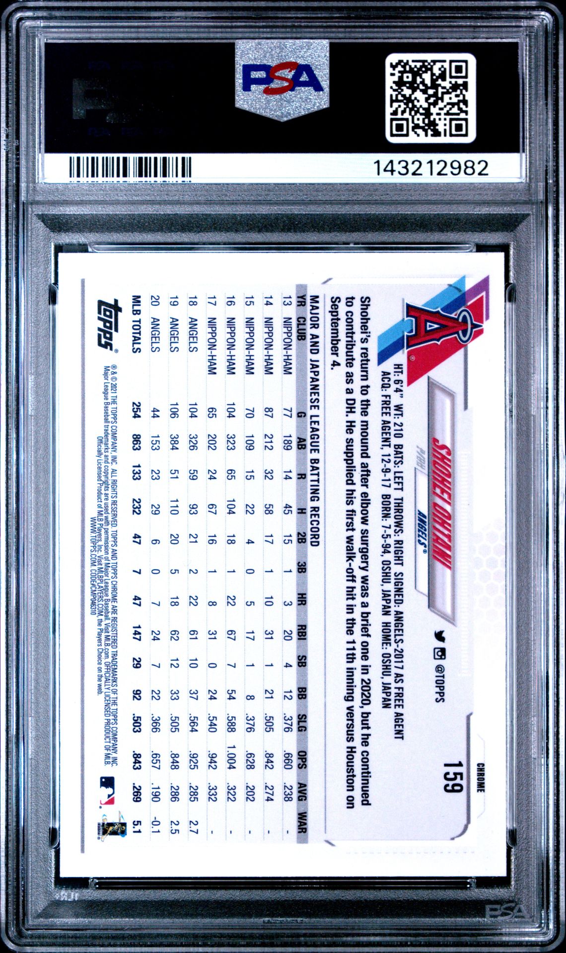 2021 Topps Chrome Shohei Ohtani #159 Gem Mt 10 back