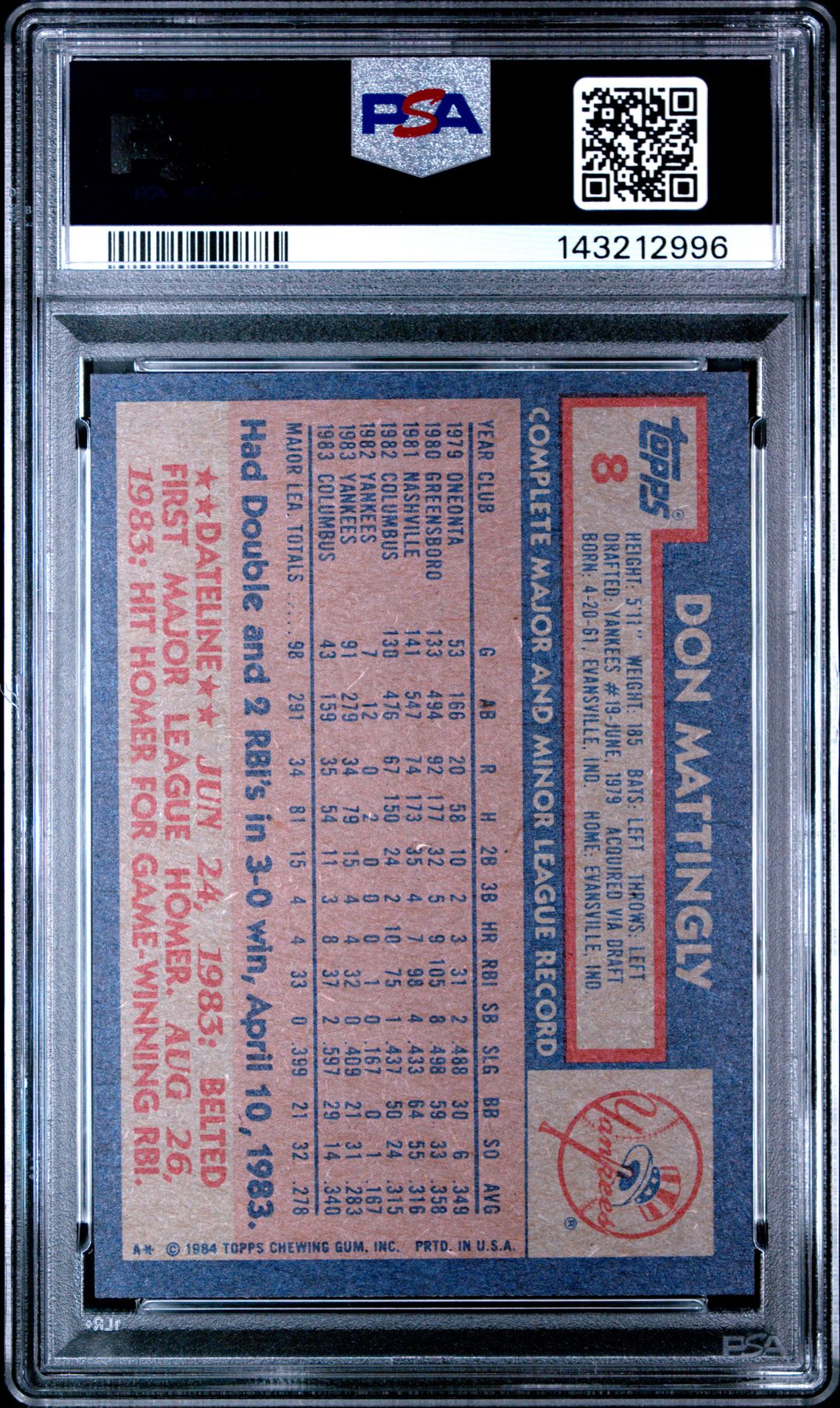 1984 Topps Don Mattingly #8 Mint 9 back