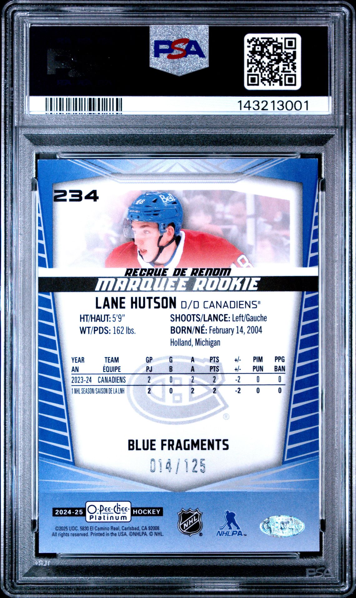 2024 Upper Deck O-Pee-Chee Platinum Lane Hutson #234 (Blue Fragments) Nm-Mt 8 back