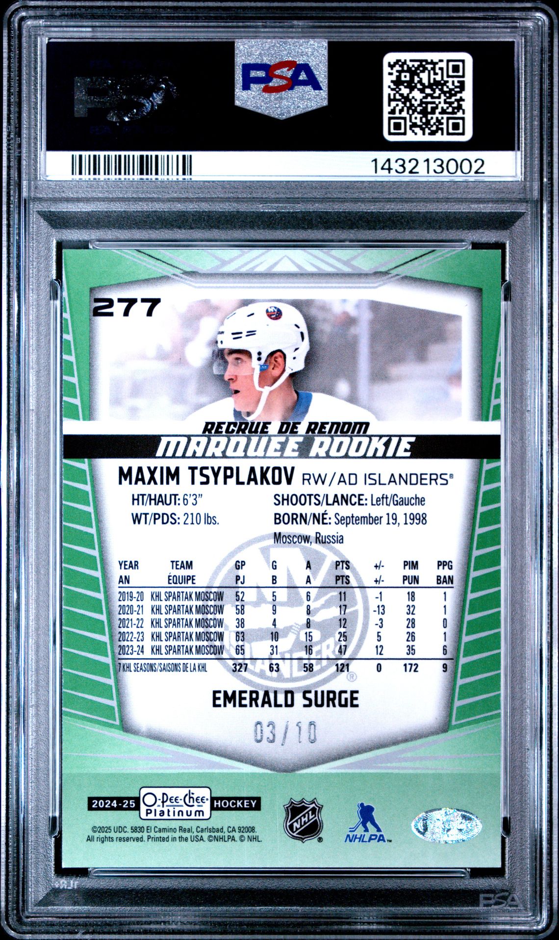 2024 Upper Deck O-Pee-Chee Platinum Maxim Tsyplakov #277 (Emerald Surge) Mint 9 back