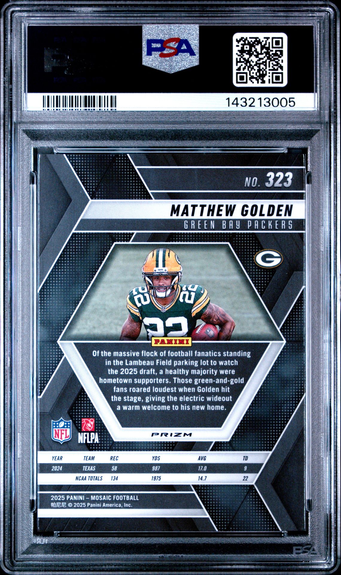 2025 Panini Mosaic Matthew Golden #323 (Red & Green Choice) Gem Mt 10 back