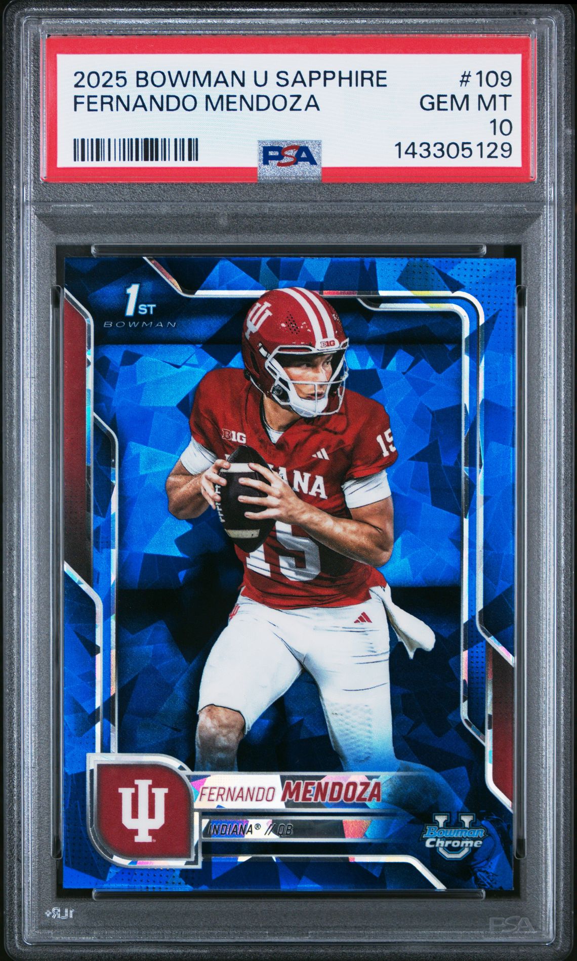 2025 Bowman BOWMAN UNIVERSITY CHROME SAPPHIRE #109 Fernando Mendoza front
