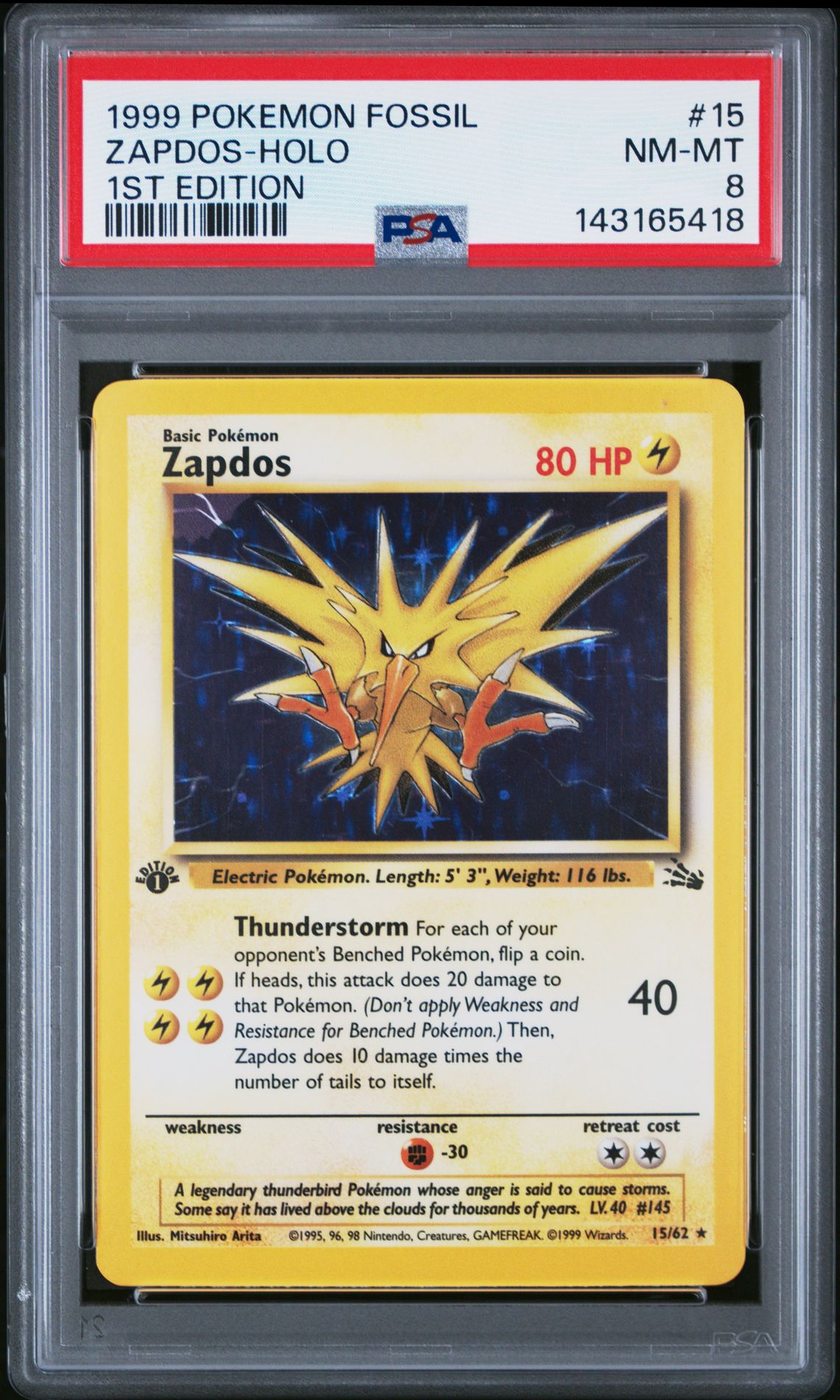 1999 Pokemon POKEMON FOSSIL 1ST EDITION #15 Zapdos-Holo front