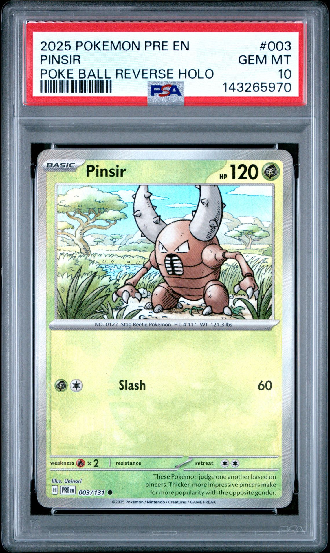2025 Pokemon Pre En-Prismatic Evolutions Pinsir #003 (Poke Ball Reverse Holo) Gem Mt 10 front