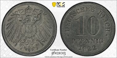1922 10 Pfg Zinc J-299 MS65