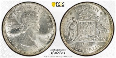1953(m) Florin Small Rev. Denticles KM-54  Ag MS62