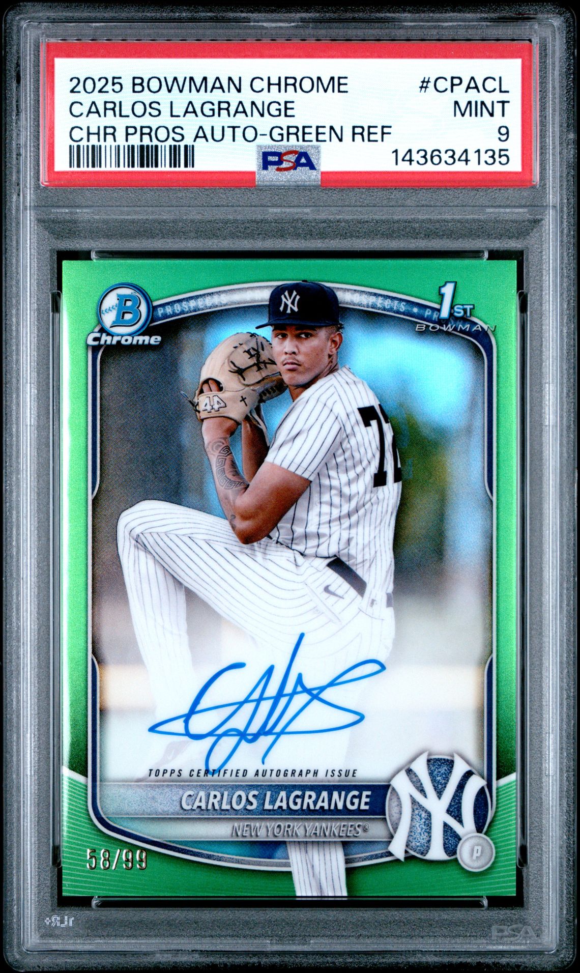 2025 Bowman Chrome Prospect Autographs Carlos Lagrange #Cpacl (Chr Pros Auto-Green Ref) Mint 9 front