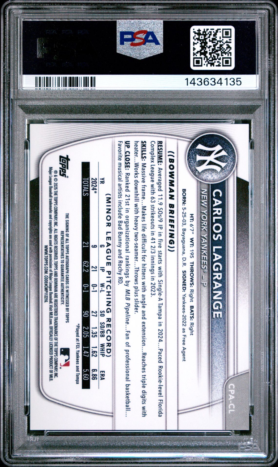 2025 Bowman Chrome Prospect Autographs Carlos Lagrange #Cpacl (Chr Pros Auto-Green Ref) Mint 9 back