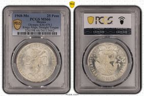 1968-Mo 25 Peso Olympic KM-479.1 Rings Align, Straight Tongue MS66