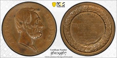 (1865) AE Medal Cunningham 22-270 Lincoln Assassination Restrike MS63BN