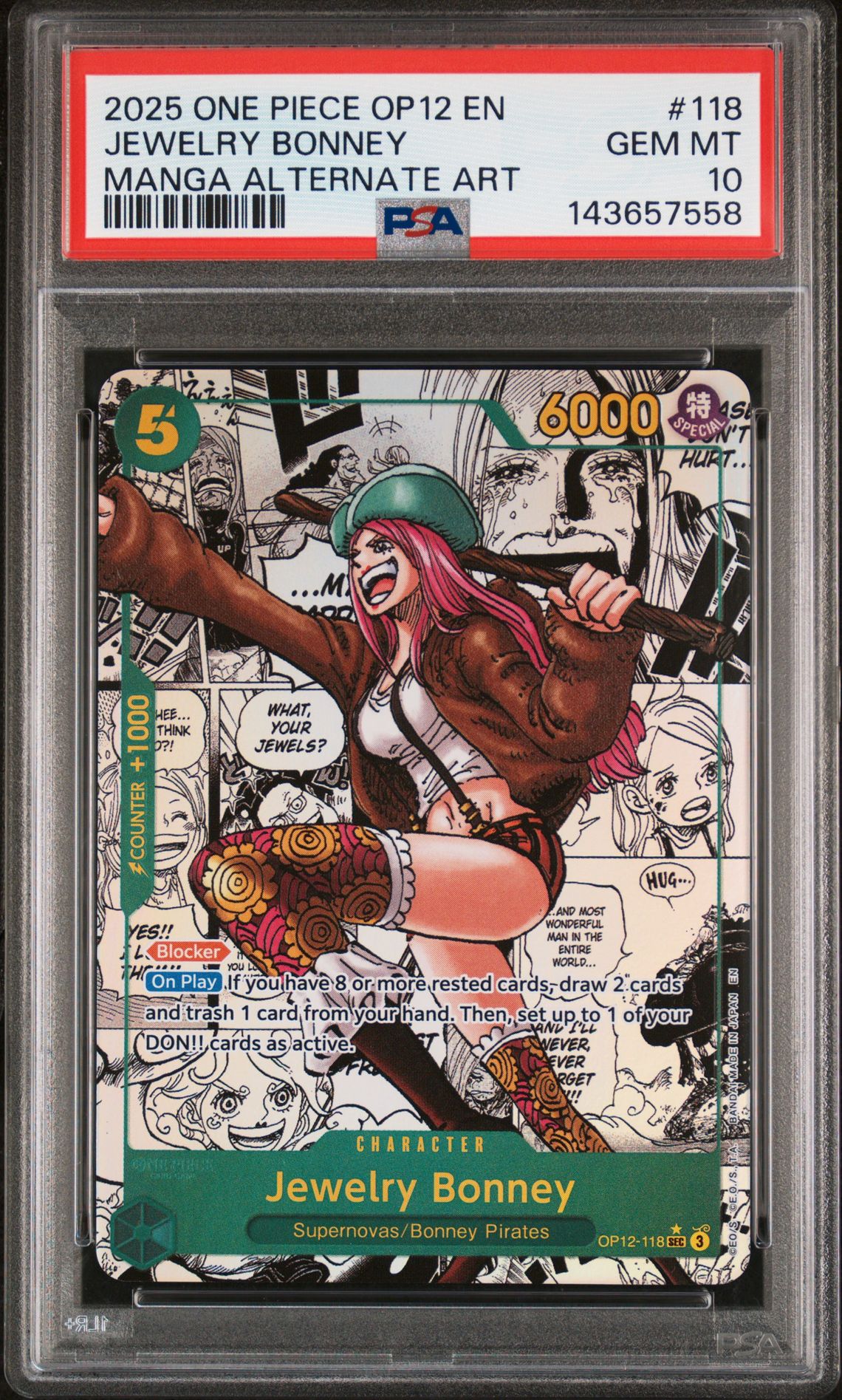 2025 One Piece Op12-Legacy Of The Master Jewelry Bonney #118 (Manga Alternate Art) Gem Mt 10 front view - PSA graded GEM MT 10
