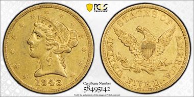 1843 $5 XF45
