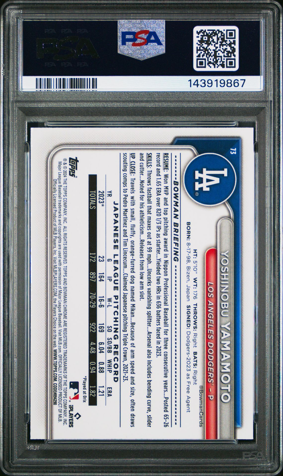 2024 Bowman Chrome Mega Box Yoshinobu Yamamoto #73 Mint 9 back