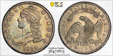 1834 50C Large Date, Small Letters AU58