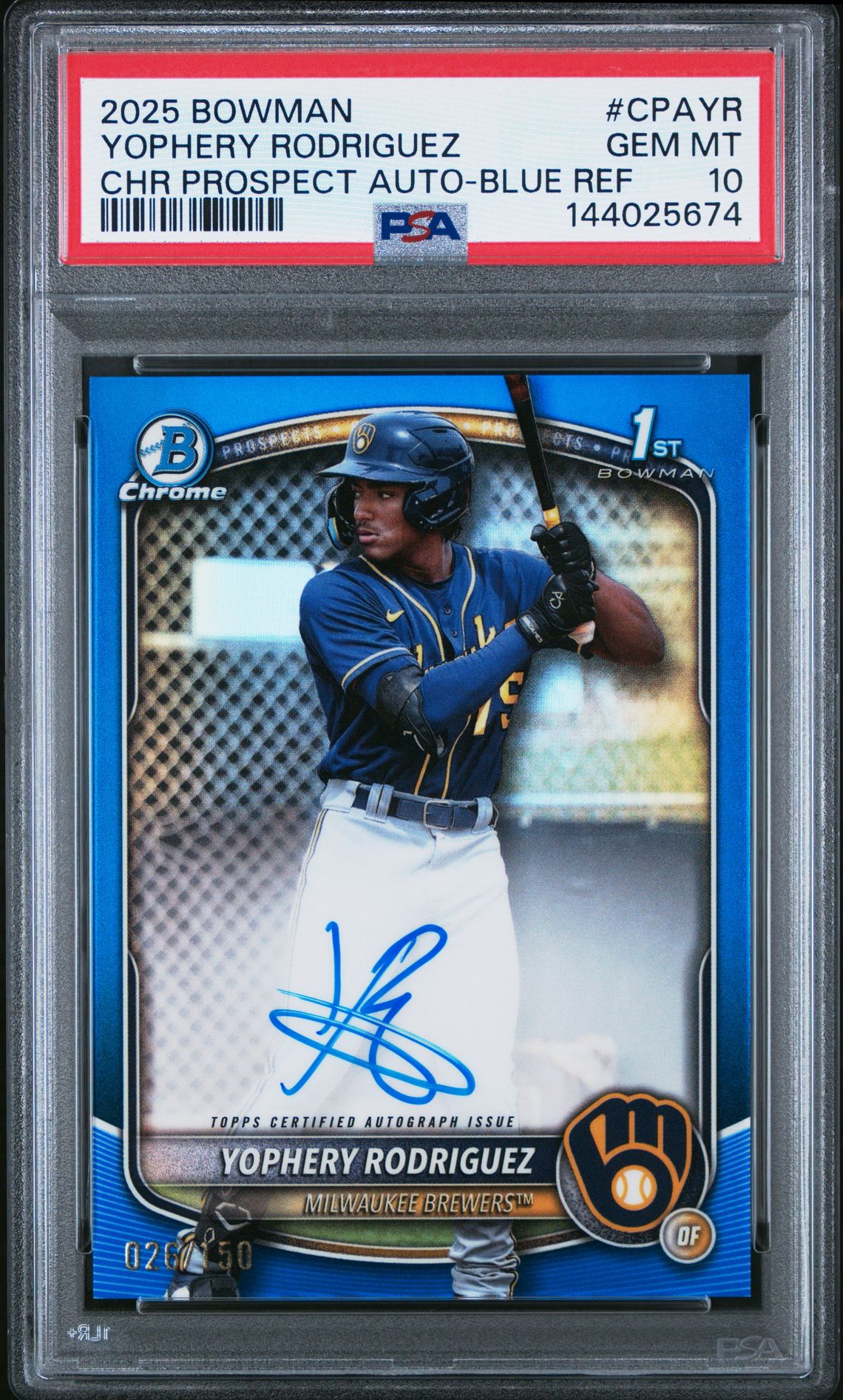 2025 Bowman BOWMAN CHROME PROSPECT AUTOGRAPHS CHR PROSPECT AUTO-BLUE REF #CPAYR Yophery Rodriguez front