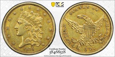 1834 $5 Classic Head, Plain 4 AU55