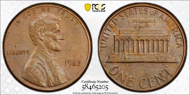 1982 1C Bronze, Small Date AU55BN