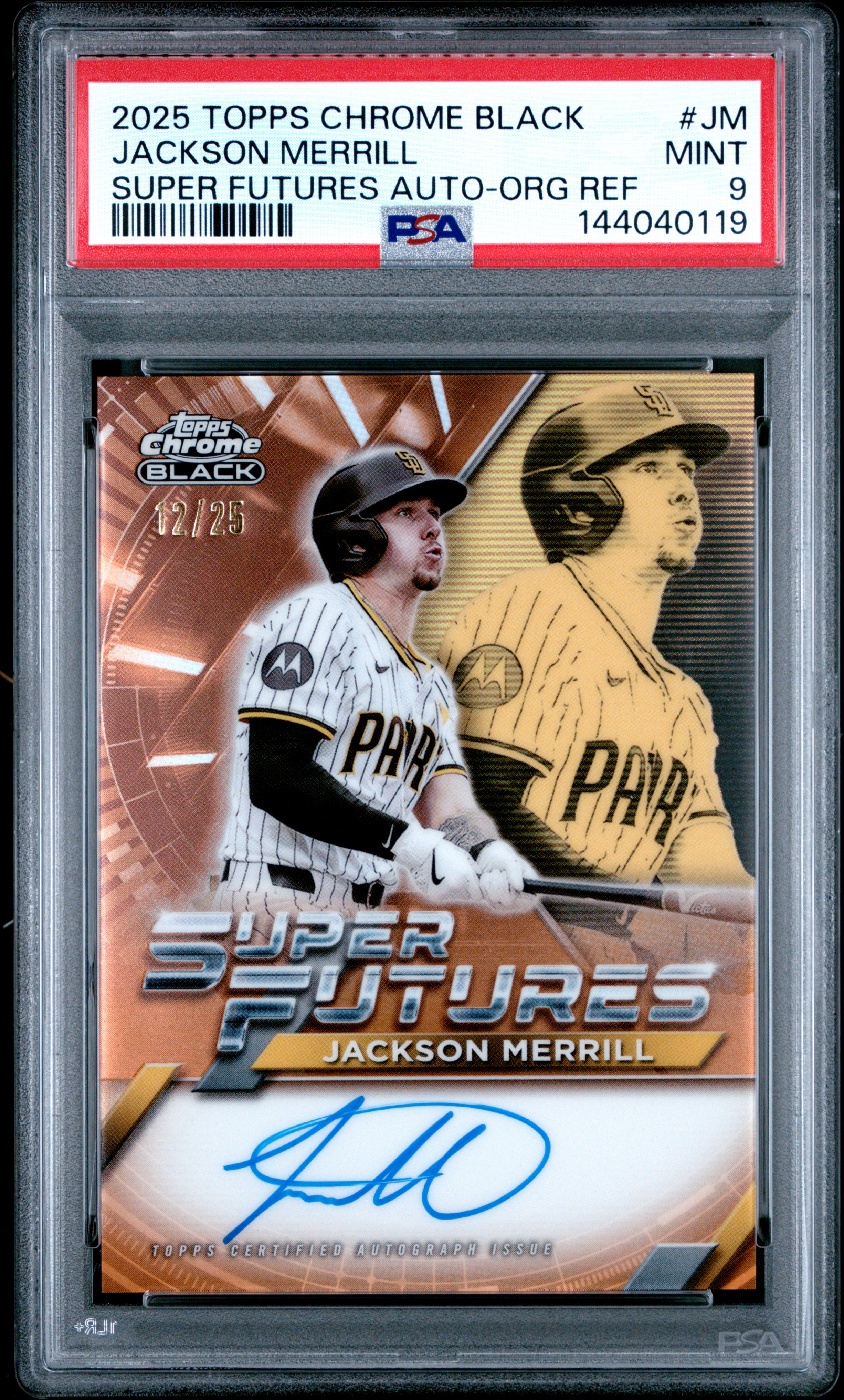2025 #JM Jackson Merrill PSA 9 Topps Chrome Black Super Futures Autographs