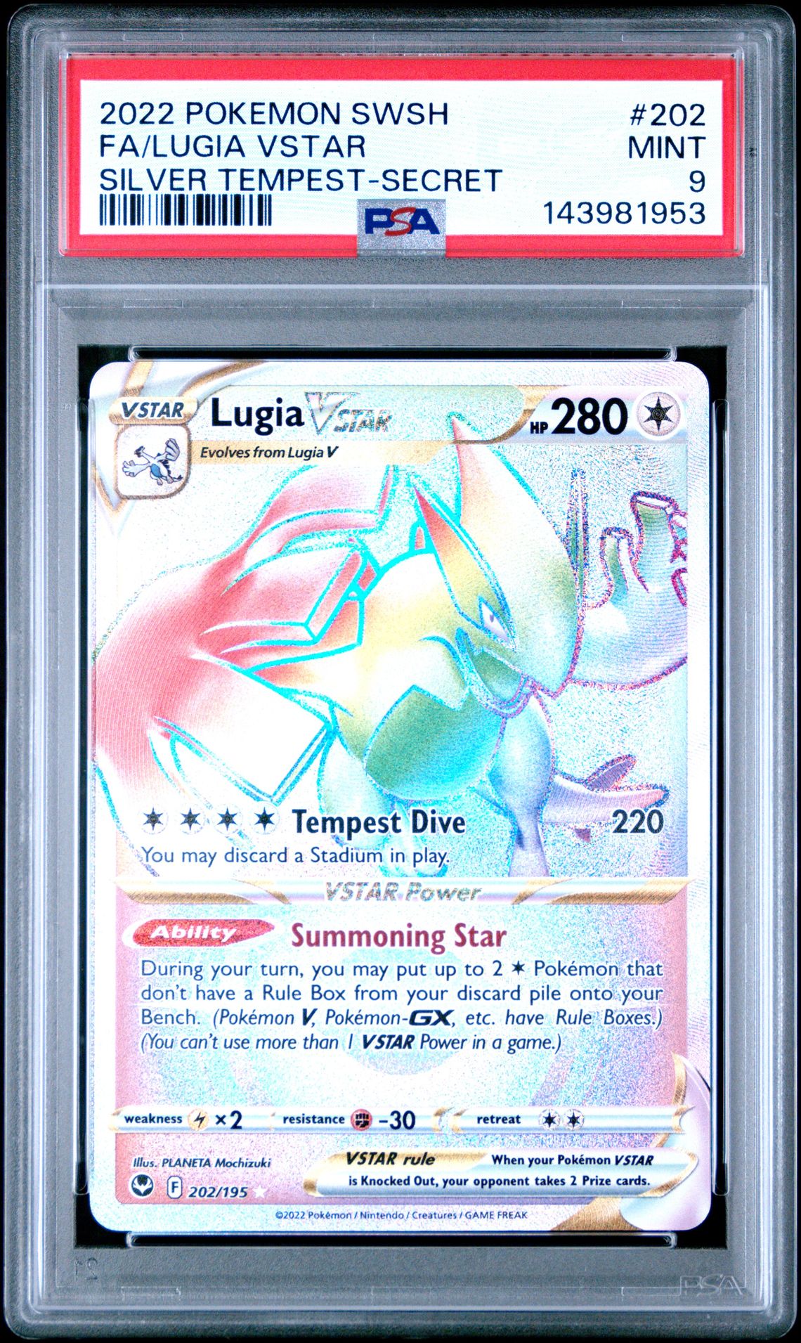 2022 Pokemon Sword & Shield Silver Tempest Fa/Lugia Vstar #202 (Silver Tempest-Secret) Mint 9 front