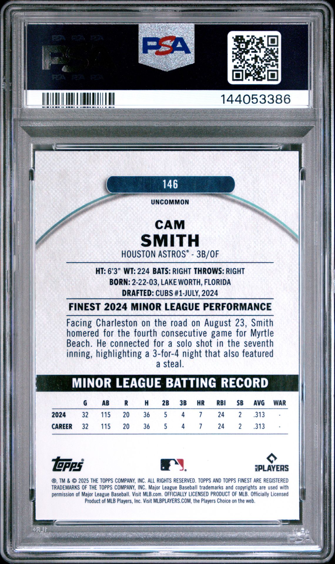2025 Topps Finest Cam Smith #146 (Magenta Refractor) Gem Mt 10 back view - PSA certificate #144053386