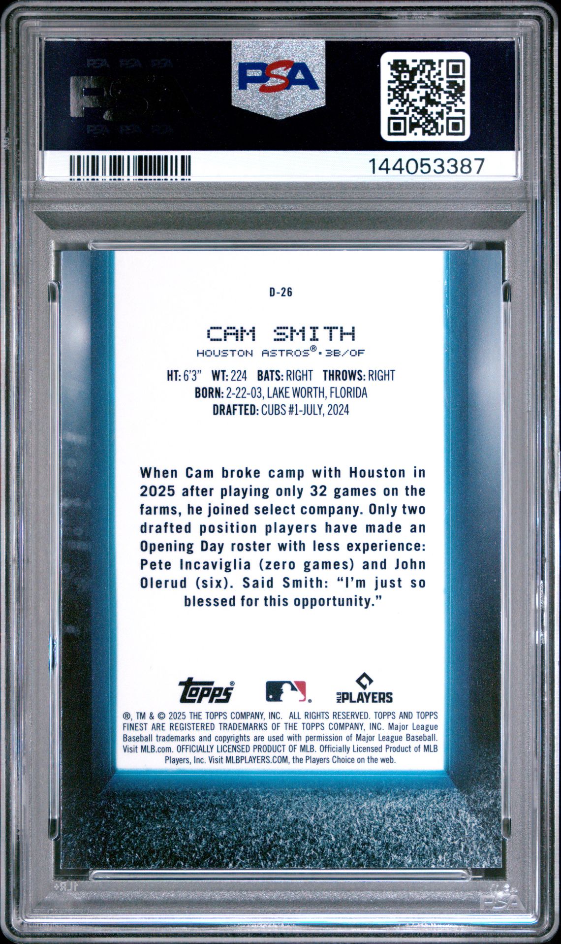 2025 Topps Finest Debut Cam Smith #D26 (Debut-Blue Refractor) Gem Mt 10 back view - PSA certificate #144053387