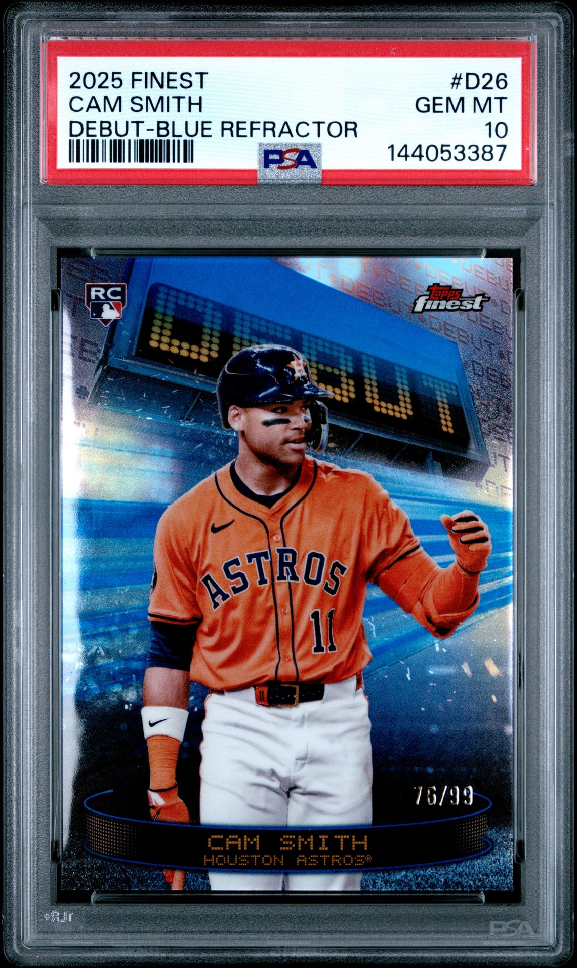 2025 Topps Finest Debut Cam Smith #D26 (Debut-Blue Refractor) Gem Mt 10 front view - PSA graded GEM MT 10
