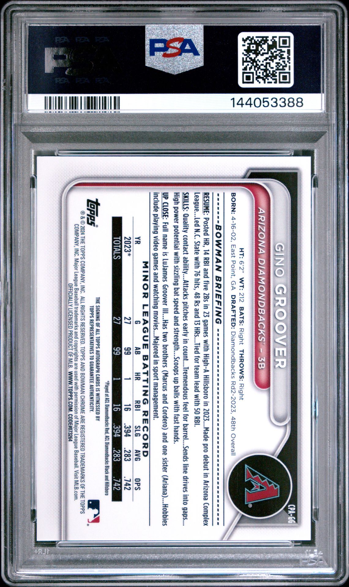 2024 Bowman Chrome Prospect Autographs Gino Groover #Cpagg Gem Mt 10 back