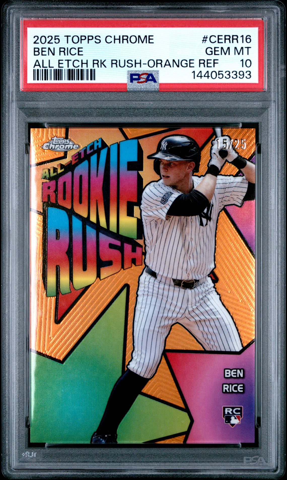 2025 TOPPS CHROME ALL ETCH ROOKIE RUSH BEN RICE ALL ETCH RK RUSH-ORANGE REF CERR16 GEM MT 10 front