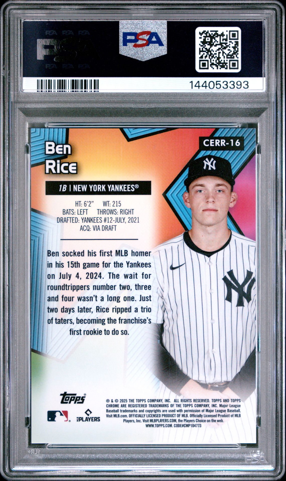 2025 TOPPS CHROME ALL ETCH ROOKIE RUSH BEN RICE ALL ETCH RK RUSH-ORANGE REF CERR16 GEM MT 10 back