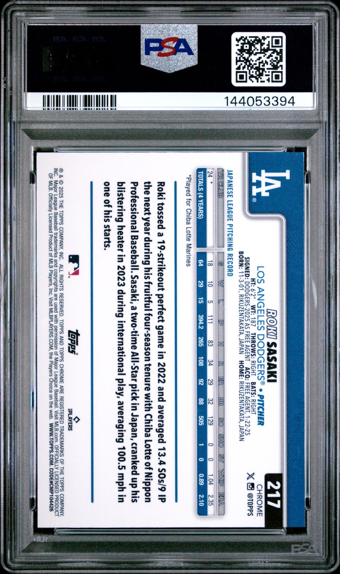 2025 Topps Chrome Roki Sasaki #217 (Purple Refractor) Mint 9 back