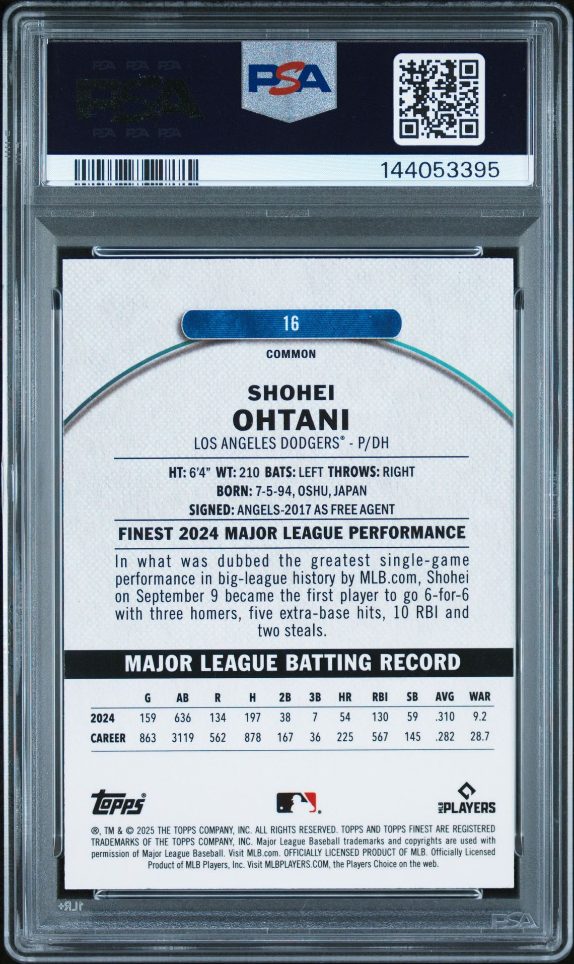 2025 TOPPS FINEST SHOHEI OHTANI BLUE REFRACTOR 16 GEM MT 10 back