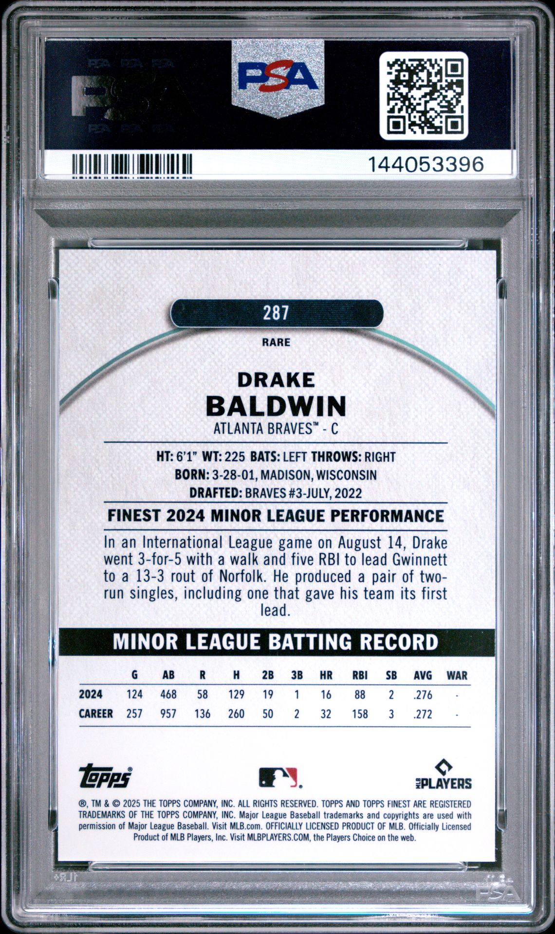 2025 Topps Finest Drake Baldwin #287 (Purple Checkerboard) Gem Mt 10 back
