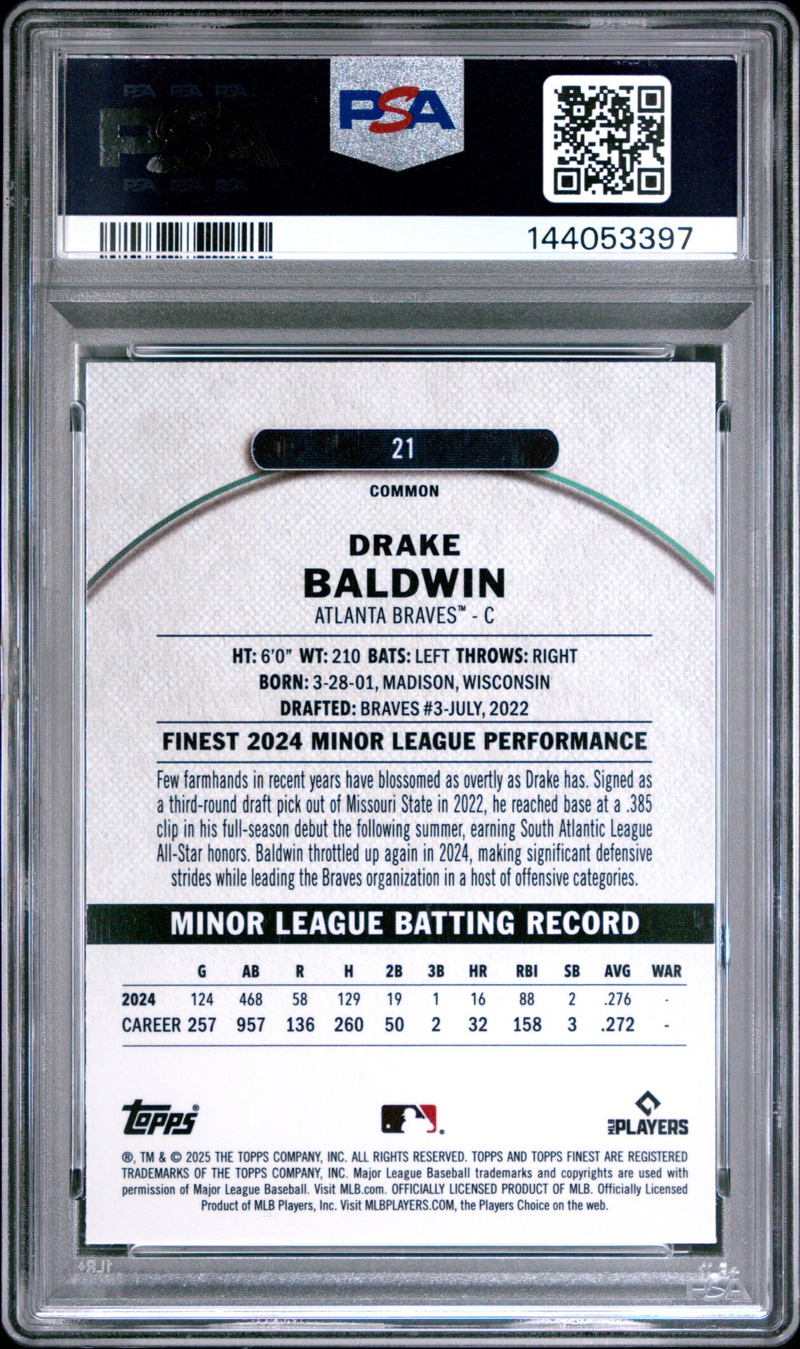 2025 Topps Finest Drake Baldwin #21 (Purple Refractor) Gem Mt 10 back view - PSA certificate #144053397